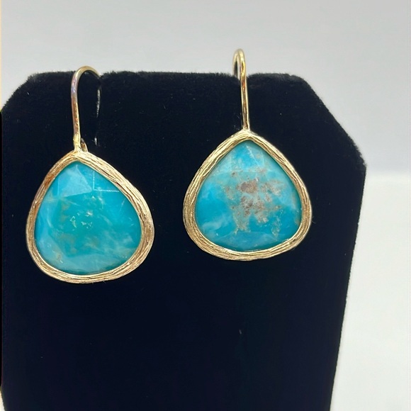 Blue Kingman Turquoise 18KT Yellow Gold Over Sterling Silver Earrings - Picture 3 of 13